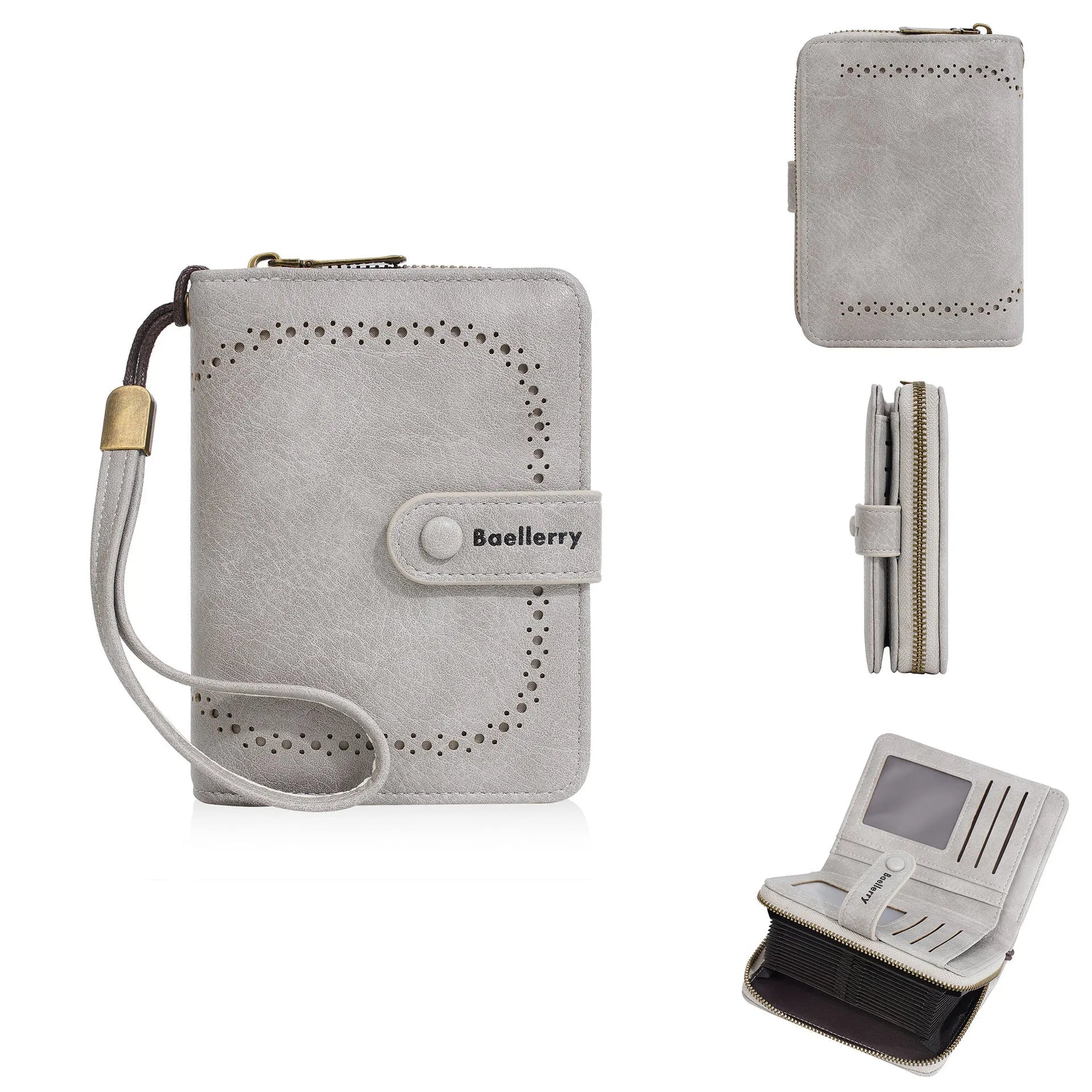 Women's black PU zipper coin purse showing integrated card slots and compact design