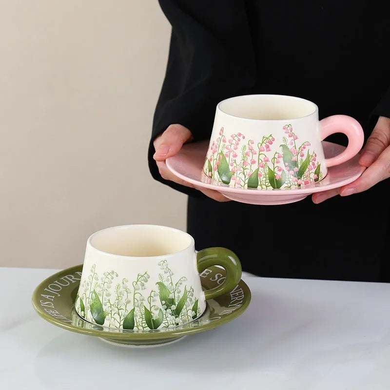 Ceramic coffee cup and saucer set with stirring spoons in campanula or lanling grass designs