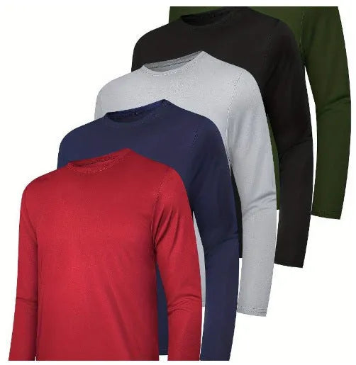 Four-pack of men's lightweight polyester hooded sweatshirts in various colours on hangers.