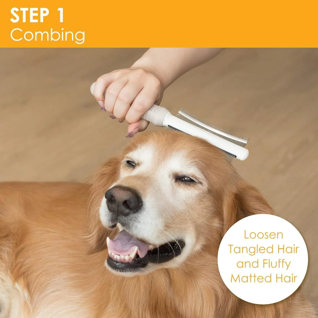 White double-sided dog and cat deshedding brush with curved comb and ergonomic anti-slip handle