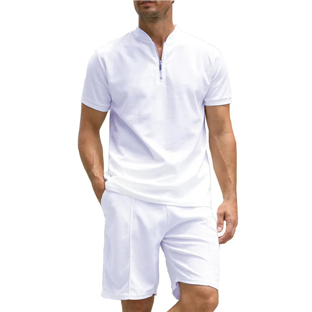 Men's solid colour two-piece polo set with short sleeves and matching trousers