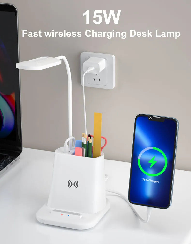 Wireless charging lamp with pen holder storage compartments in black modern design