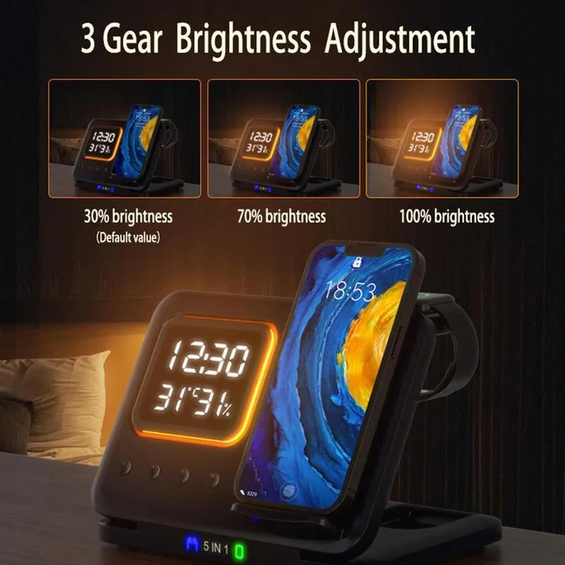 Black and white 15W wireless charging station with LED display showing time, charging phone, watch and headphones