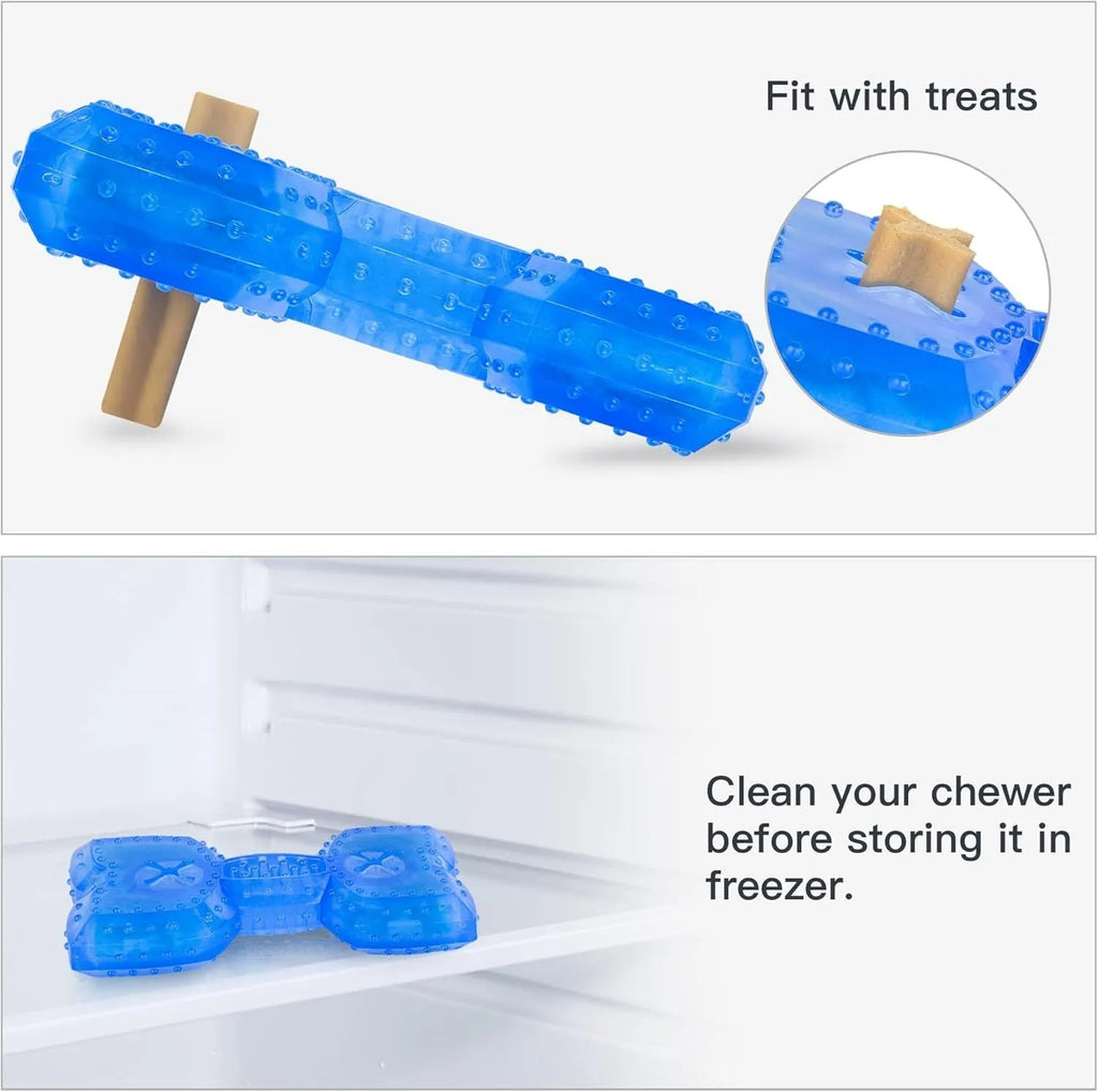 Freezable water-filled dog cooling teether chew toy in bone and circle shapes