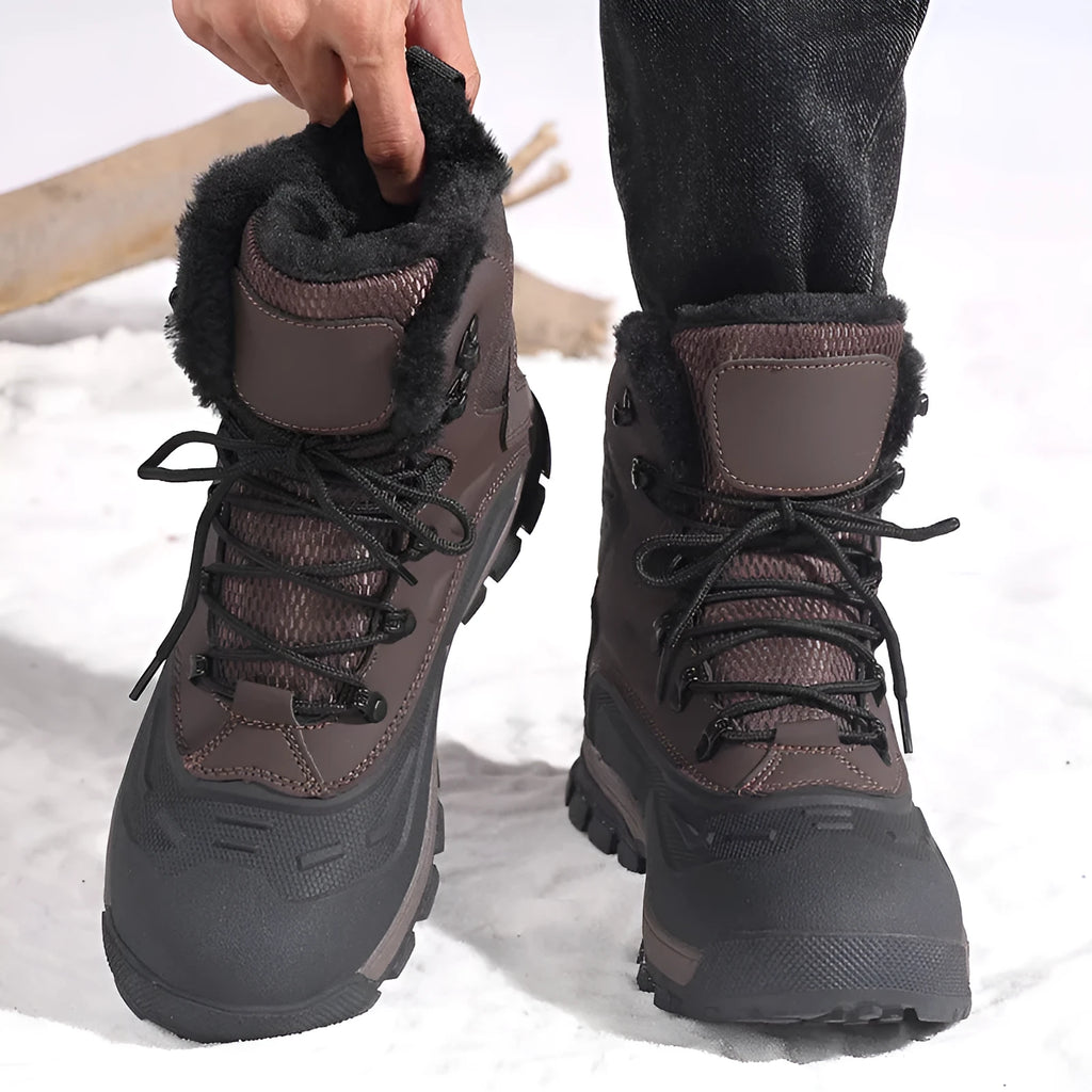 Men's black high-top winter boots with fleece lining and lace-up front.