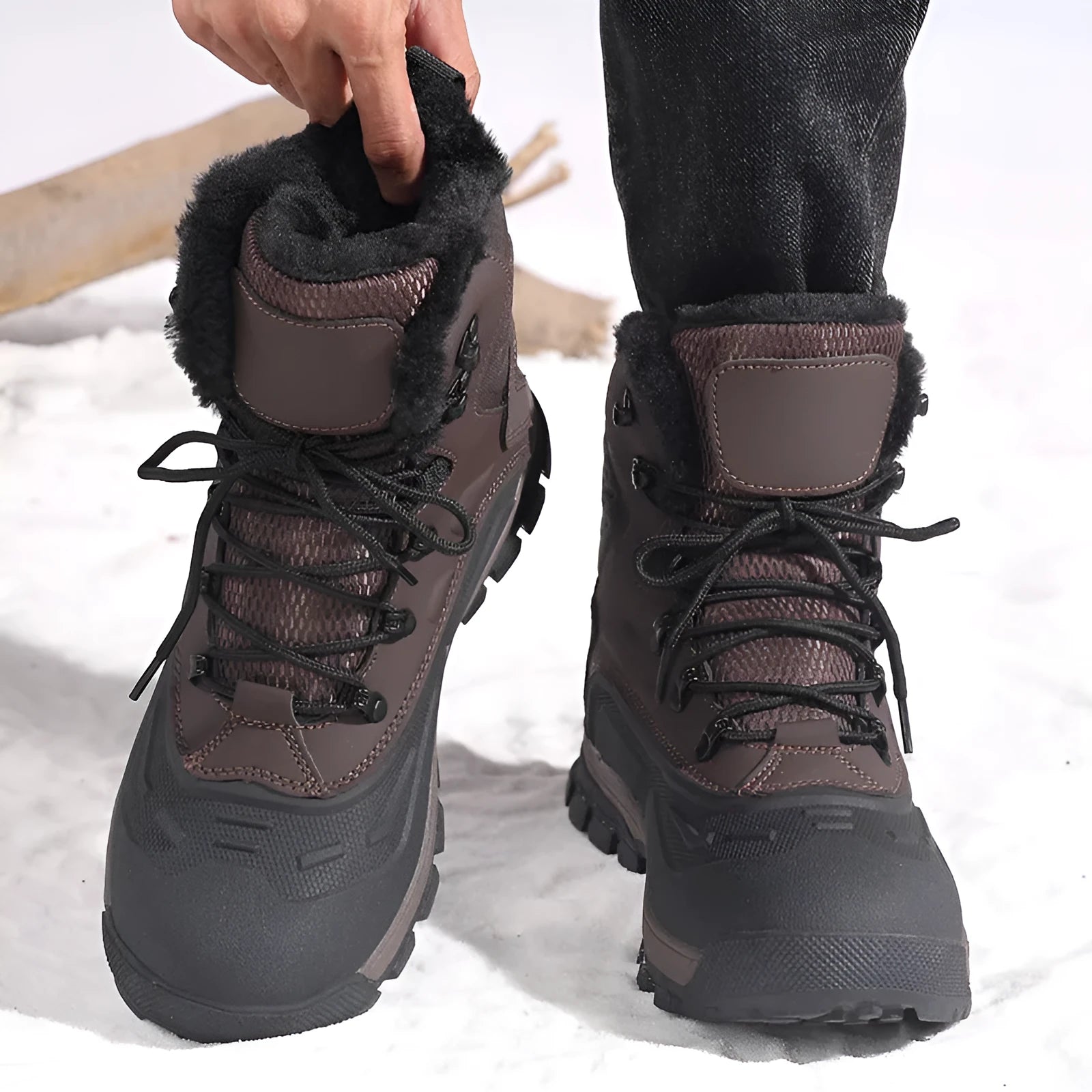 Men's black high-top winter boots with fleece lining and lace-up front.