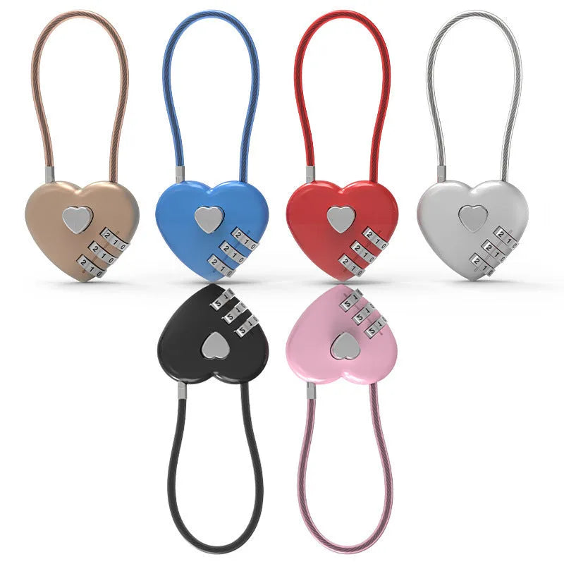 Peach heart shaped ABS plastic padlock with a long steel wire rope in one of six colour options.