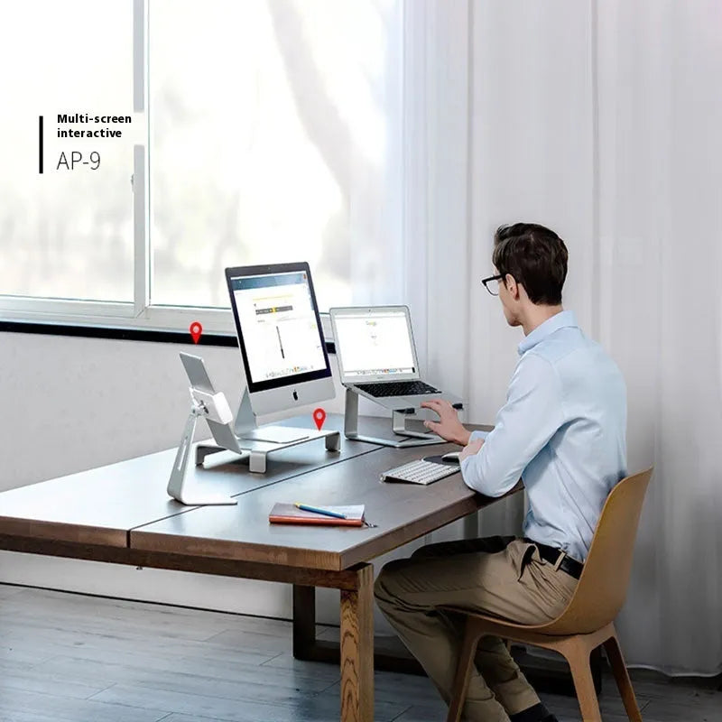 Aluminium alloy laptop stand on desktop in black colour with laptop elevated