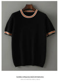 Men's grey short sleeve wool sweater with a round neck on a hanger.