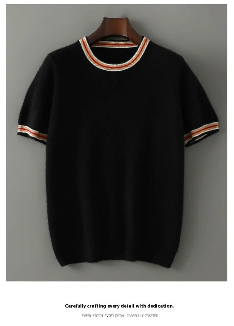 Men's grey short sleeve wool sweater with a round neck on a hanger.