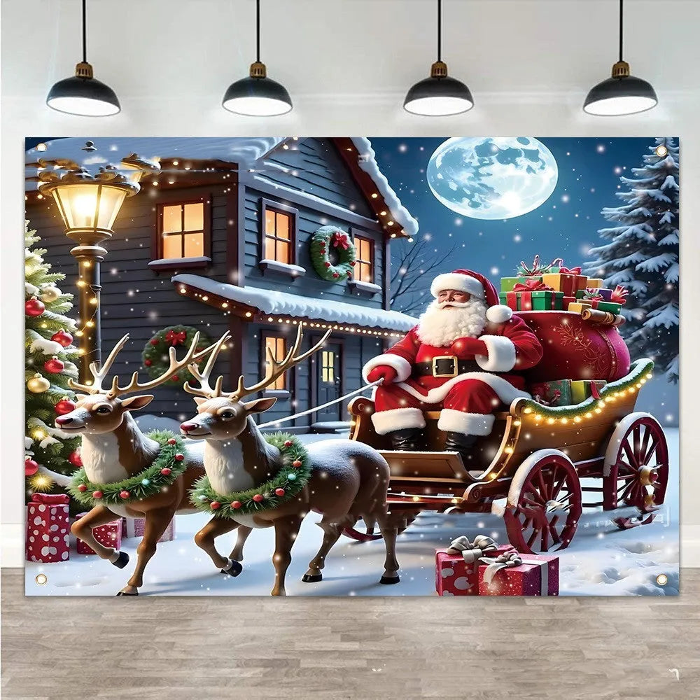Red Christmas banner with Santa Claus and gift scene decoration