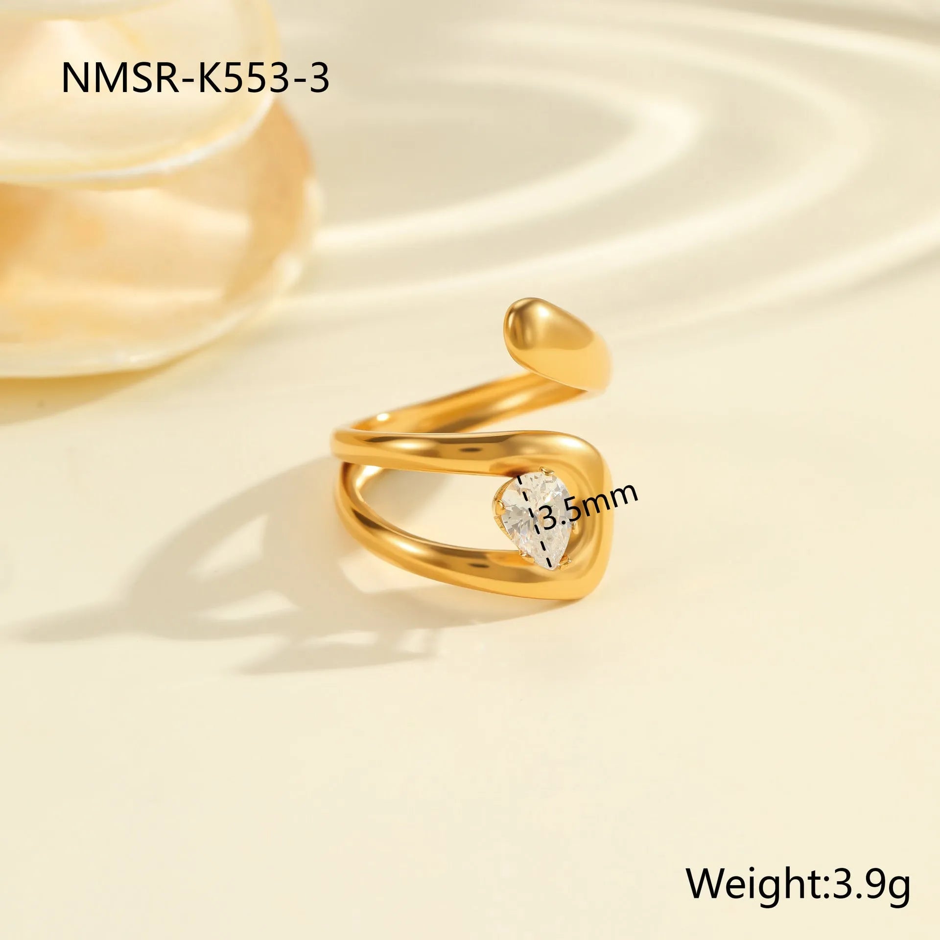 Geometric stainless steel women's ring with adjustable open mouth design and zircon details
