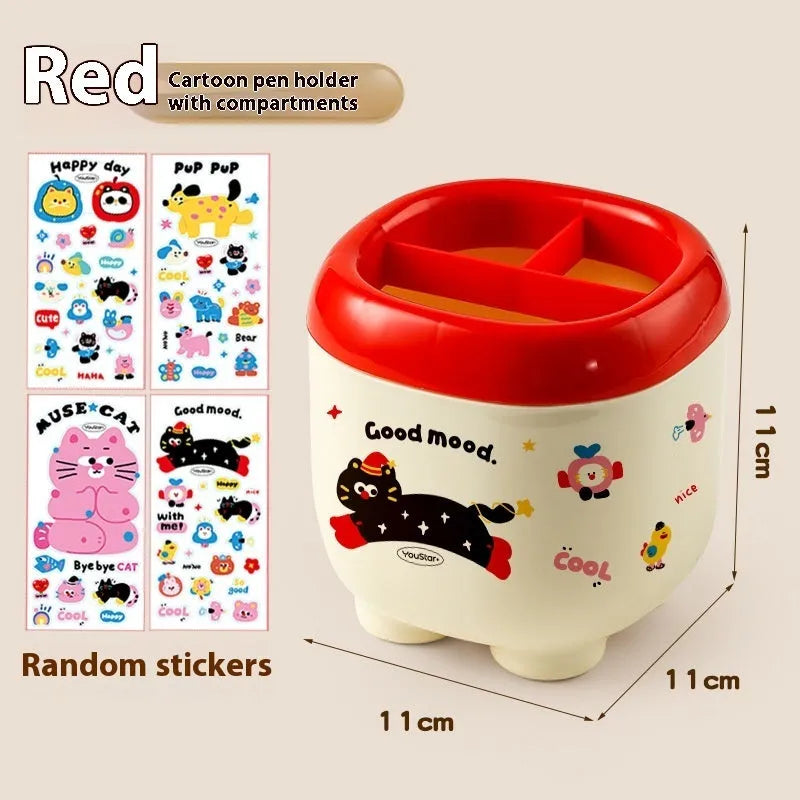 Red and brown cartoon-style plastic desktop storage organiser with grid pattern for stationery and sundries.