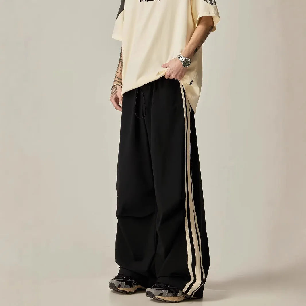 Men's black wide-leg climbing trousers with high waist and straight-leg design for summer leisure wear