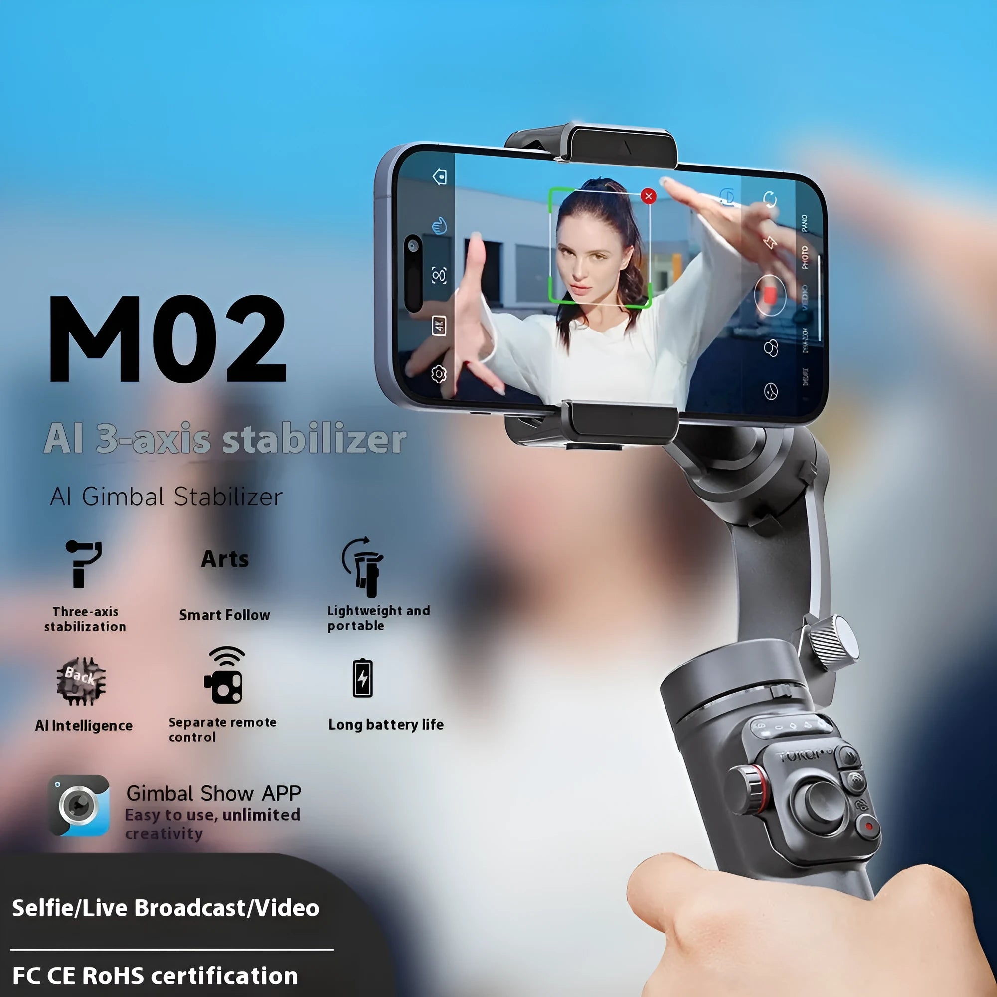 Intelligent AI three-axis head stabiliser tripod with D08 light module and ABS construction