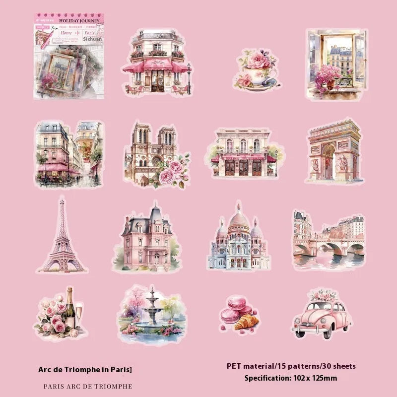 Holiday Journey Series architecture journal stickers showing six retro landmark designs
