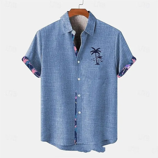 Linen short sleeve shirt with ocean fish pattern lapel in loose casual fit