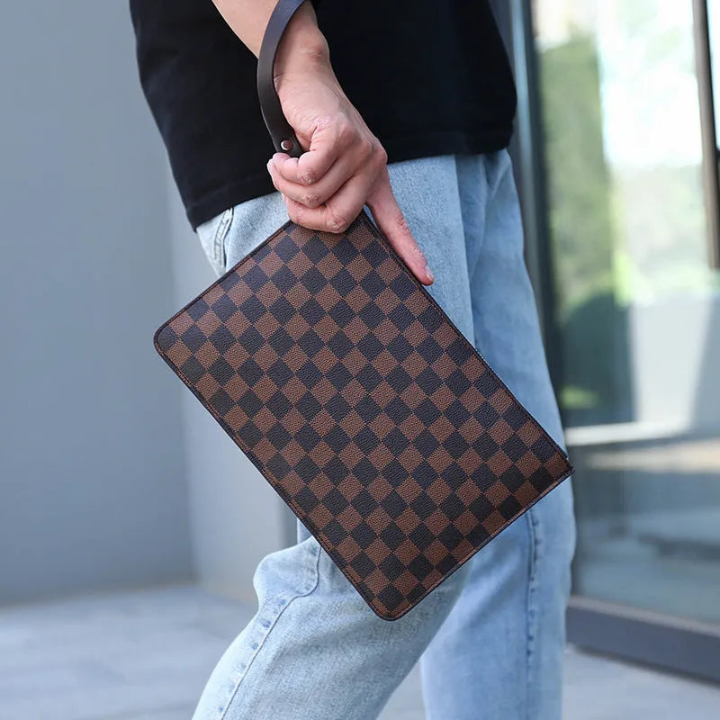 Soft black PU leather men's clutch wallet open to show six card slots, bill compartment, and zipper pocket.