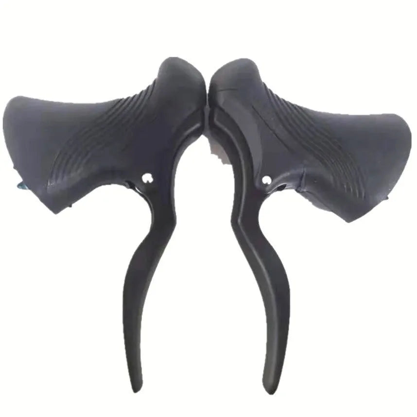 Pair of aluminium alloy road bicycle brake handles in black and black silver finishes.
