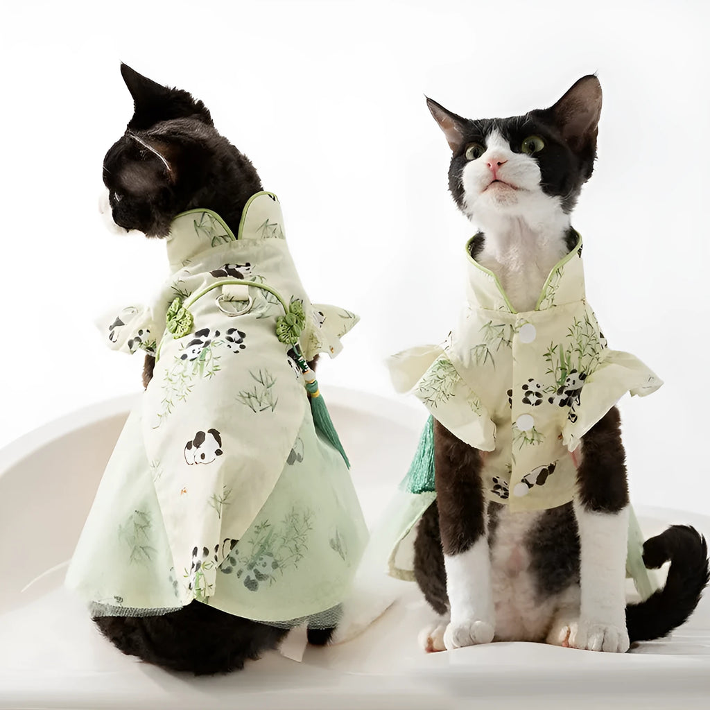 Chinese style panda bamboo leaf cat skirt for hairless cats, woven fabric, tassel dress style