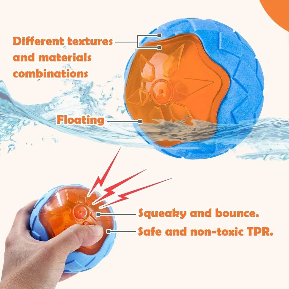 Set of three floating TPR dog toys: a blue ball, an orange barbell, and green tyres on a pool edge.