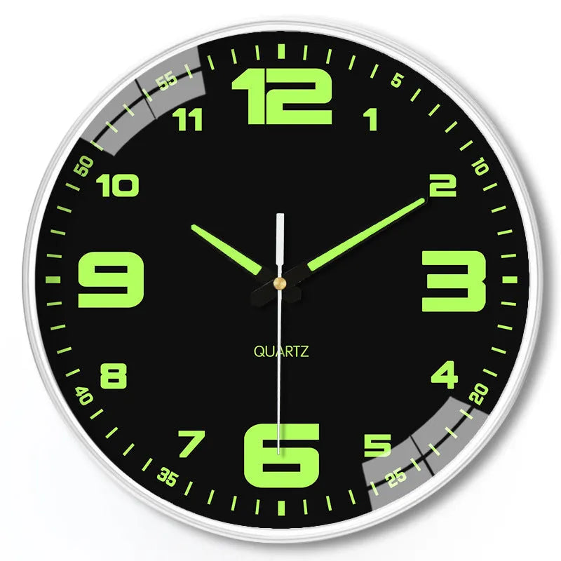 8 inch round luminous wall clock with modern plastic shell on a wall