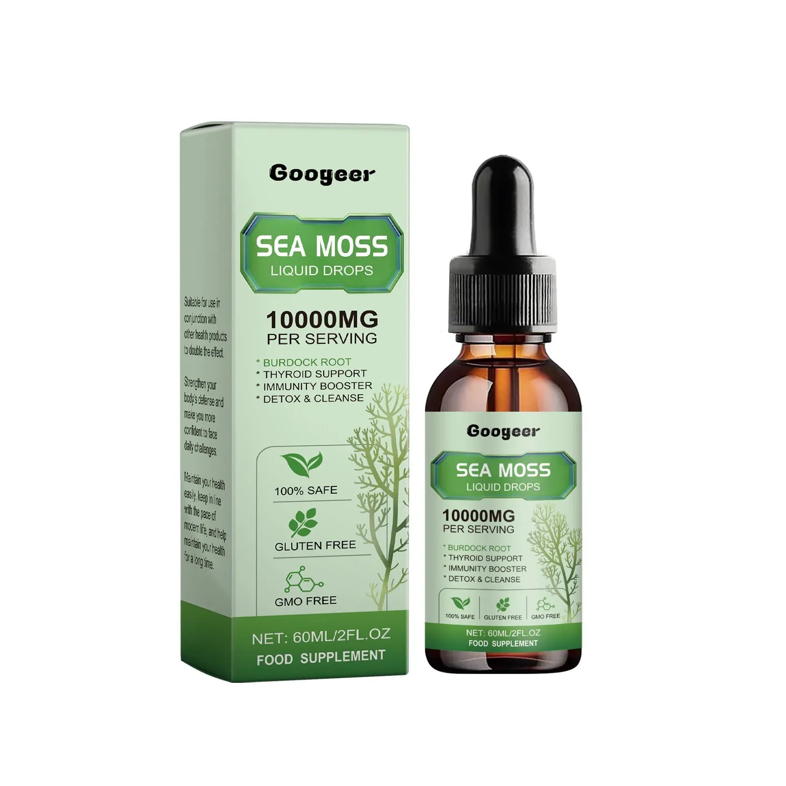 Googeer Sea Moss Liquid Drops body treatment bottle, 60ml capacity, 3.3x12cm.