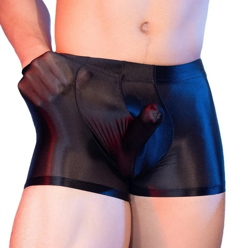 Men's red nylon elephant nose boxer shorts on a white background.