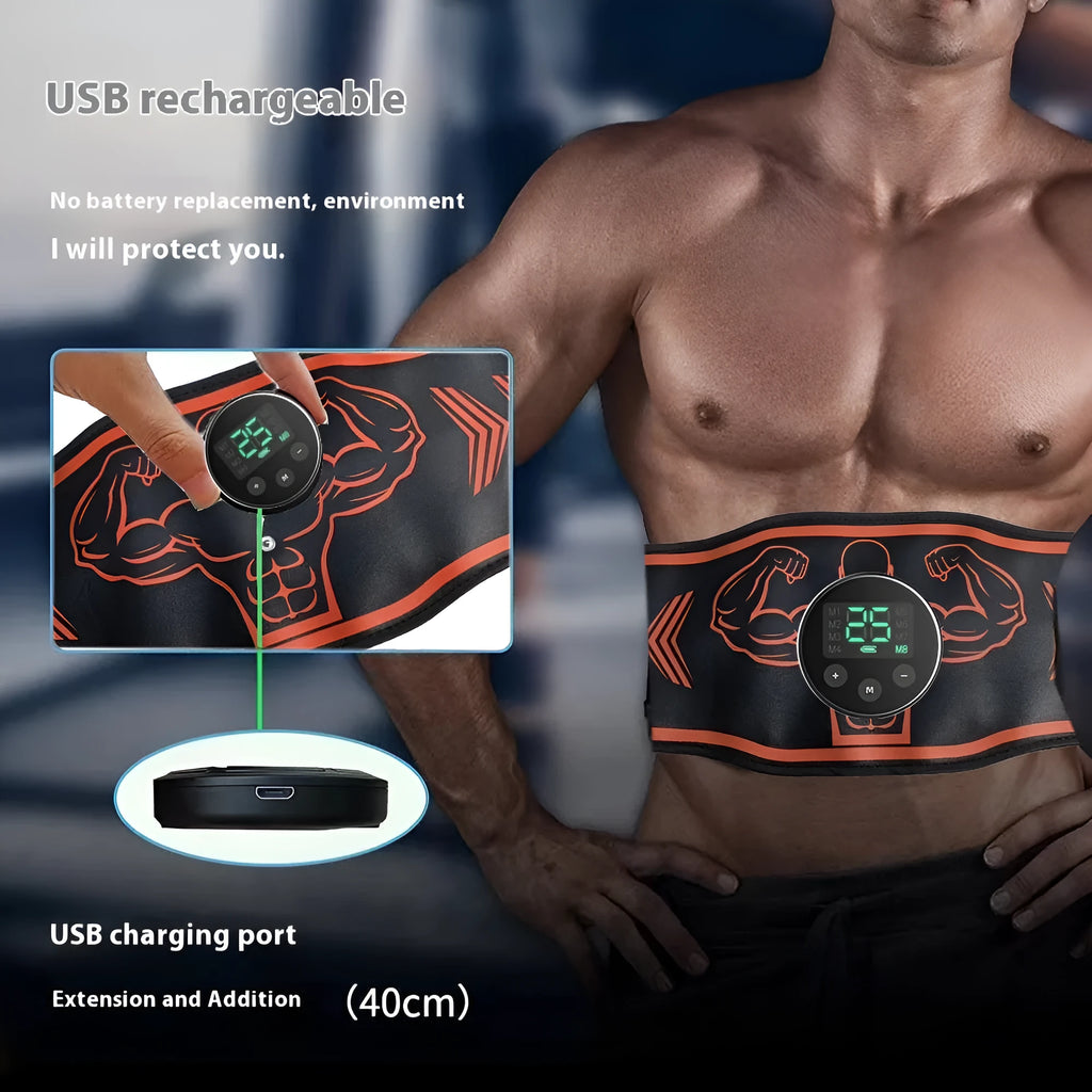 Smart EMS Massage Belt fitness equipment with blue host, main belt, and arm stickers on a grey background.
