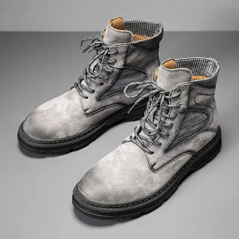 Men's vintage Martin boots in black with a frosted microfiber leather upper and thick rubber sole.