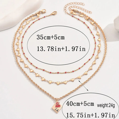 Geometric three-layer heart pendant necklace on a model, showing adjustable clavicle chain length.