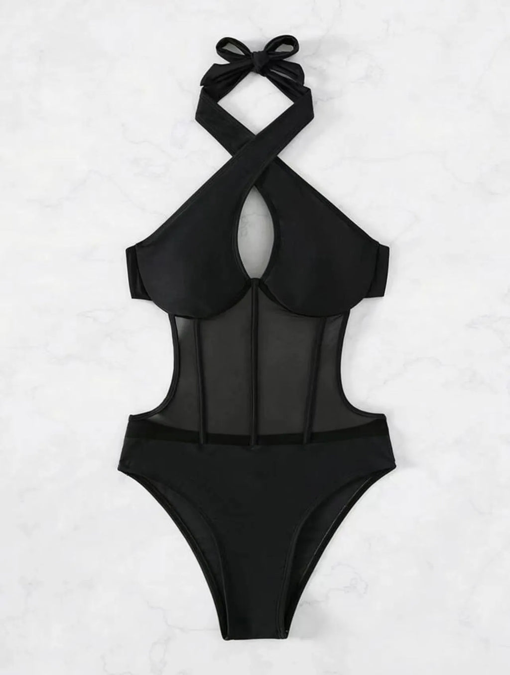 Ladies black one-piece swimsuit with bikini styling in nylon and spandex fabric
