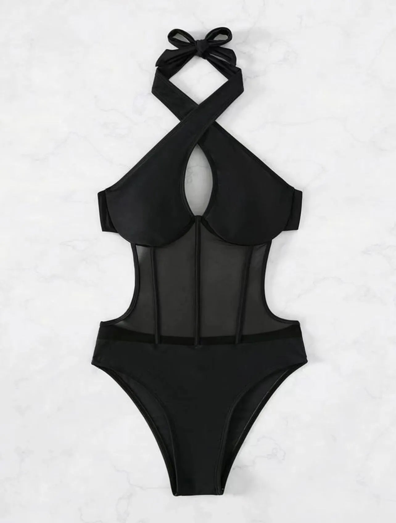 Ladies black one-piece swimsuit with bikini styling in nylon and spandex fabric