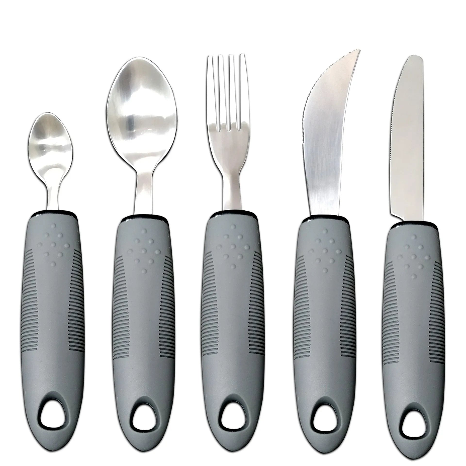 Stainless steel adaptive eating utensils with rubber anti-shake handles for elderly dining assistance