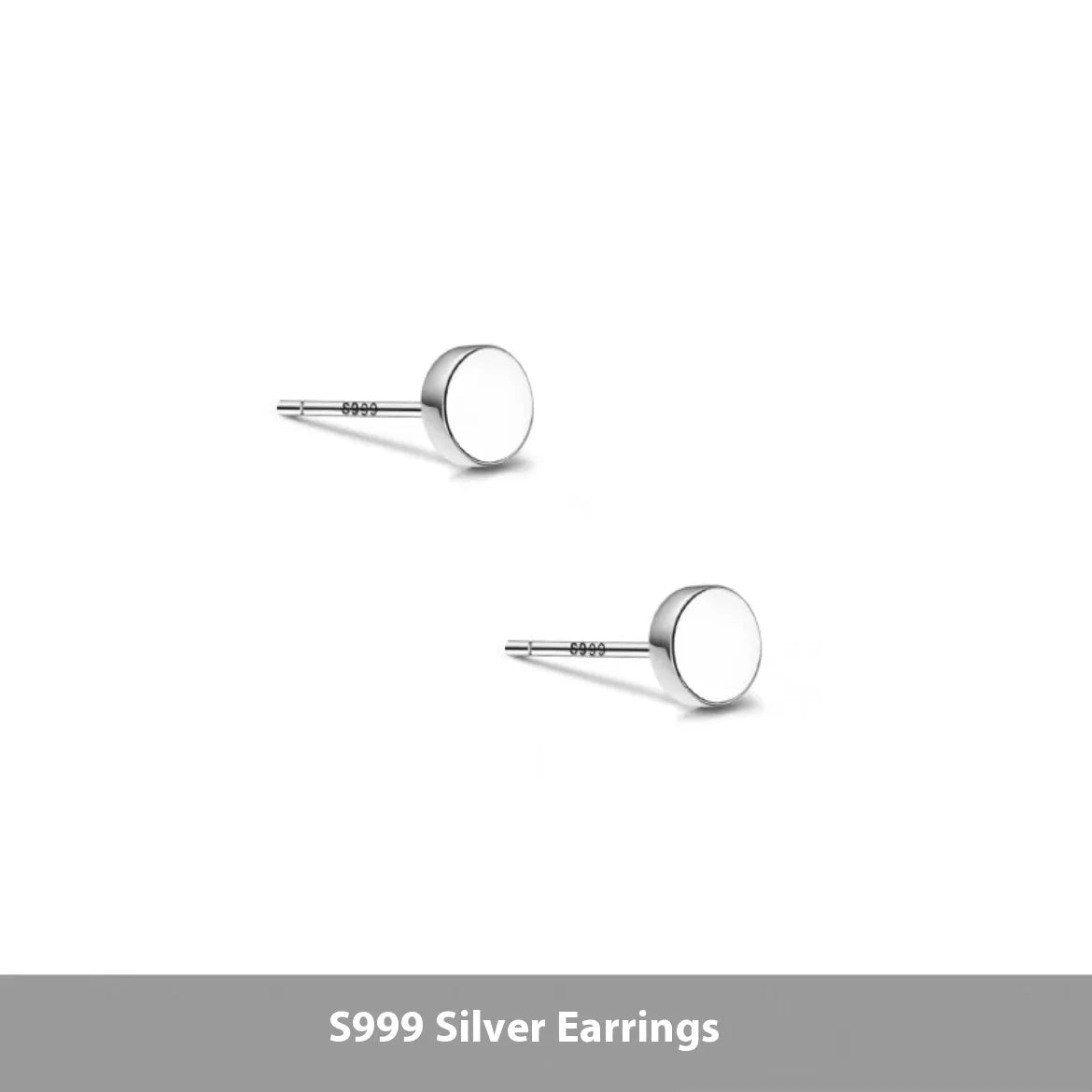 A pair of S999 sterling silver round flat stud earrings on a plain background, showing silver and black colour options.