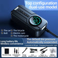Portable wireless tyre inflator with digital display in a black ABS case alongside its carry bag and nozzle attachments.