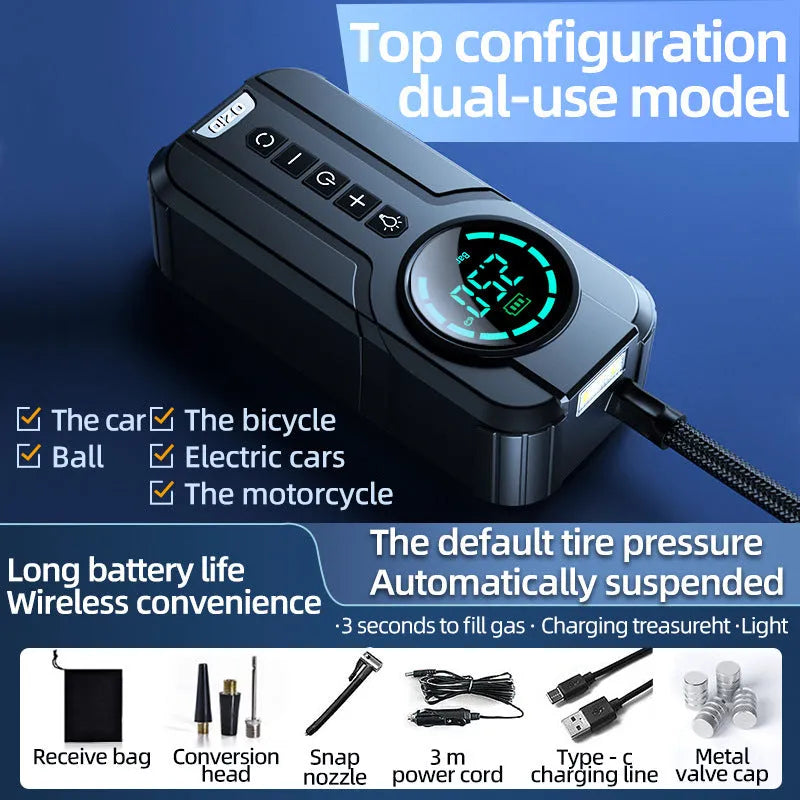 Portable wireless tyre inflator with digital display in a black ABS case alongside its carry bag and nozzle attachments.