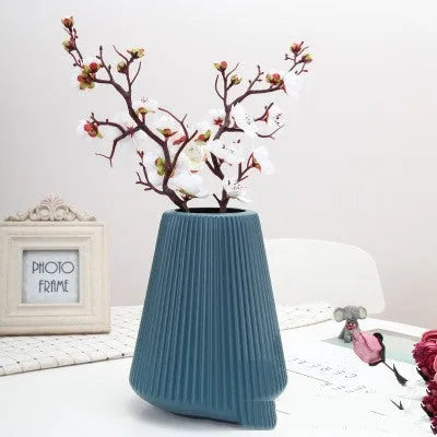 Colourful melamine plastic desktop flower vase in simple style, shown in blue, green, pink, and white colour options.