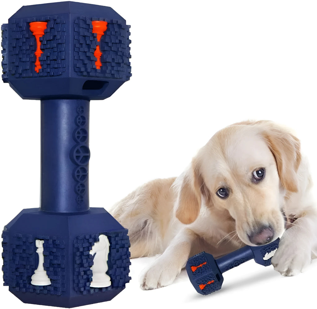 Blue durable rubber dumbbell dog chew toy with textured surface for dental cleaning.