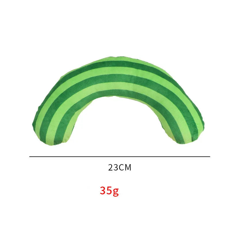 Striped pattern cat pillow toy with built-in catnip strip measuring 23x20cm