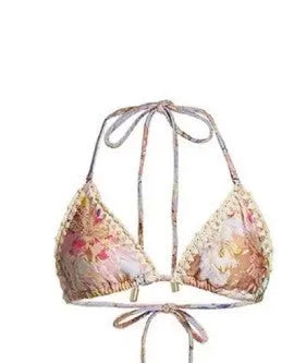 Women's floral print bikini set with skirt in creamy white beige colour
