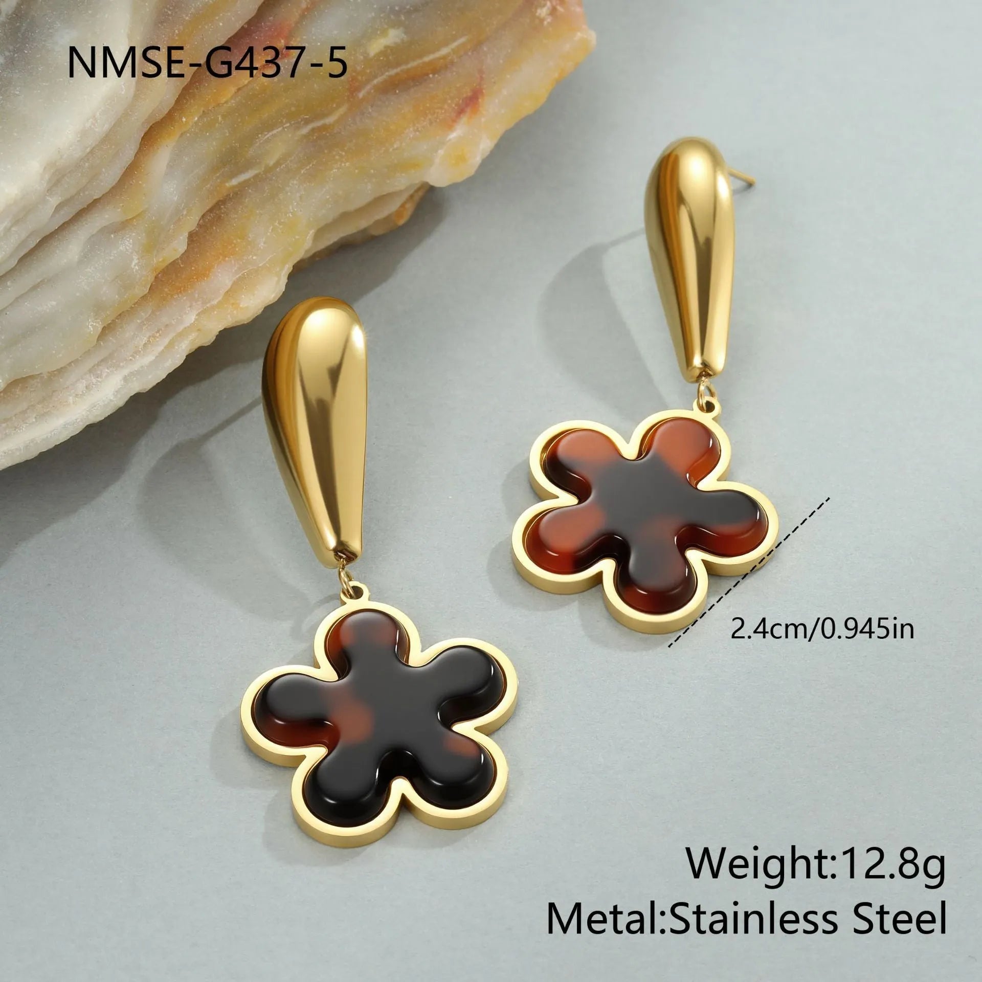 Tortoiseshell resin earrings with 18K gold electroplating in heart and flower geometric designs