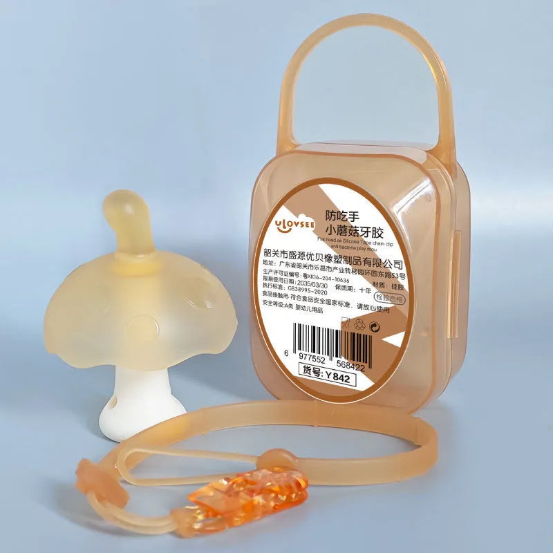 Small mushroom-shaped gum toy in pink or nano colour with transparent box and optional chain.