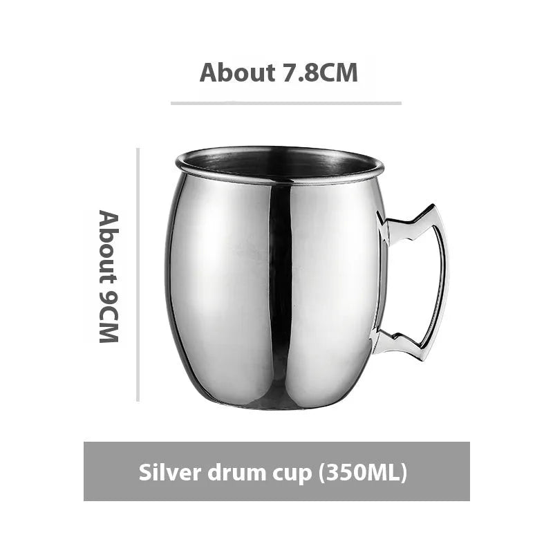 Copper plated stainless steel Moscow Mule mug in hammered and smooth styles, shown in silver, gold, rose gold, and black.
