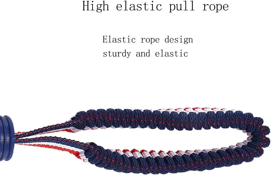 Blue or red natural rubber dog ball with rope attachment, showing textured surface and 29cm total length