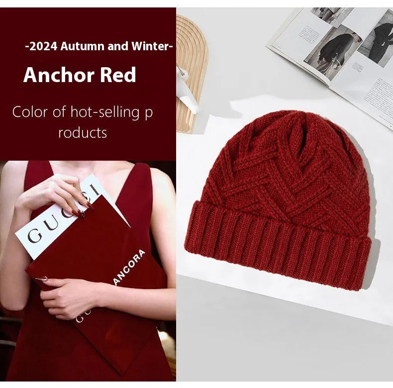 Women's wool knitted winter hat with dome crown in six colour options including red, grey, brown, white, khaki, and black