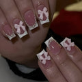 French manicure false nails with bow designs in short European square shape