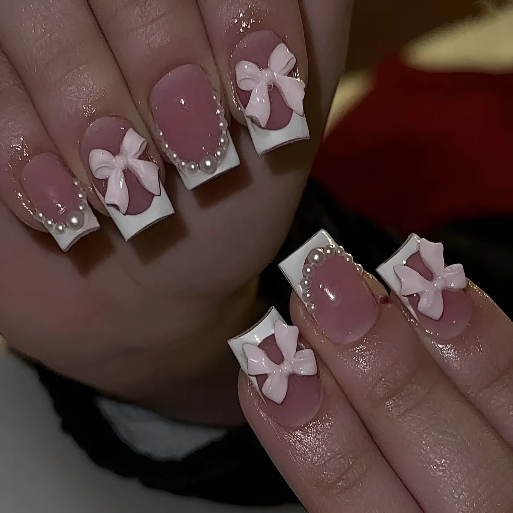 French manicure false nails with bow designs in short European square shape