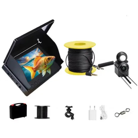 HD underwater fish finder camera with 4.3-inch screen, wide-angle lens, and night vision lights on a box.