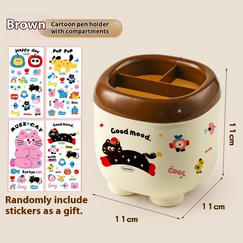 Red and brown cartoon-style plastic desktop storage organiser with grid pattern for stationery and sundries.